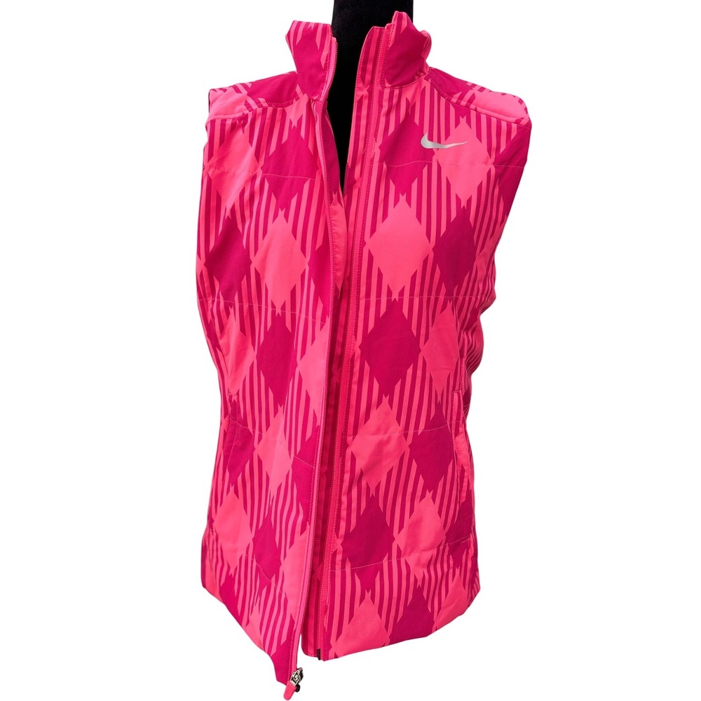 Nike Golf Sport Women Pink Argyle Full Zip Quilted Vest Medium Pronghorn Logo